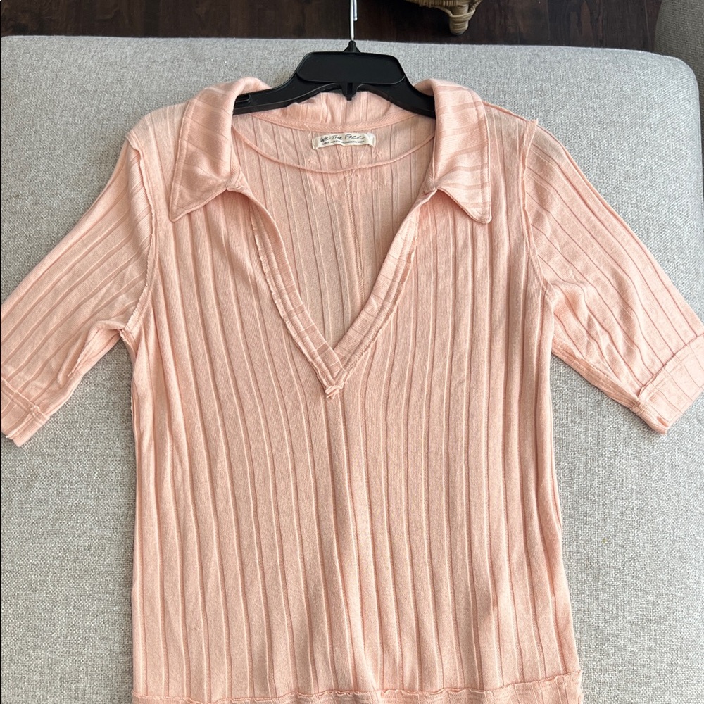 Free People Light Pink/peach Ribbed Collared Top with deep V-neck